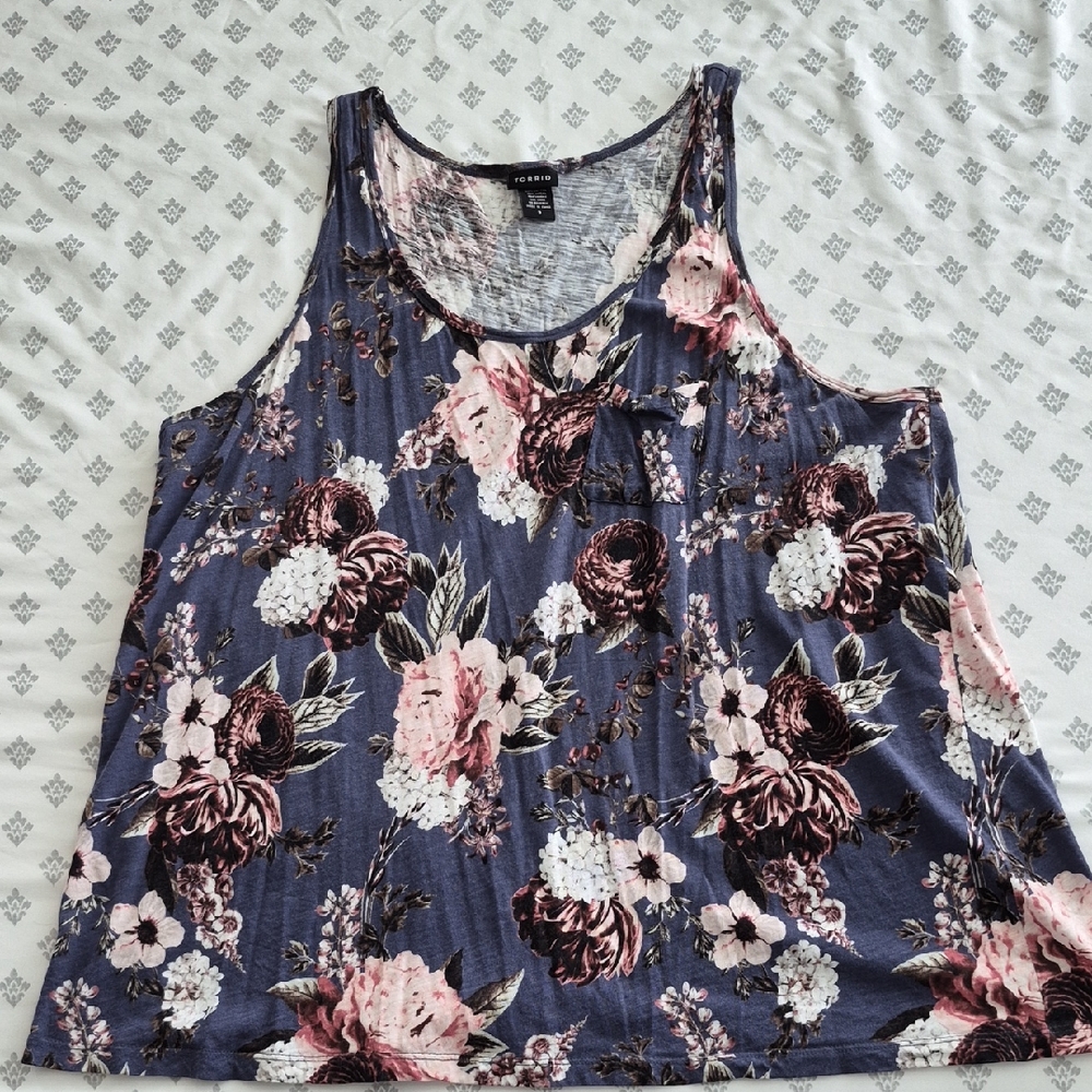 Torrid Floral Tank Top - Pink and Black on Blue